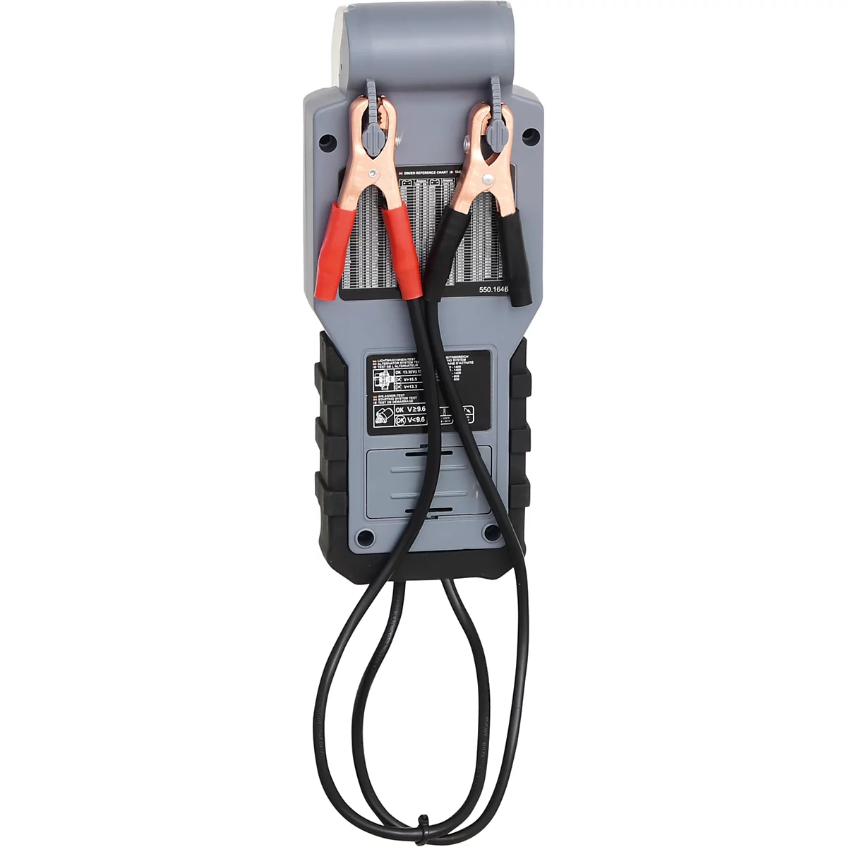 Rückansicht eines grauen Batterietesters mit roten und schwarzen Klemmen, die Kabel haben.